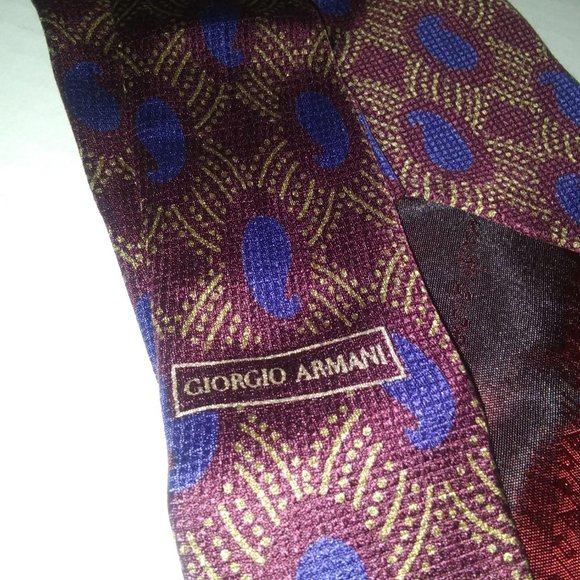 Giorgio Armani Silk Burgundy Gold Blue Pattern Tie - Picture 3 of 5